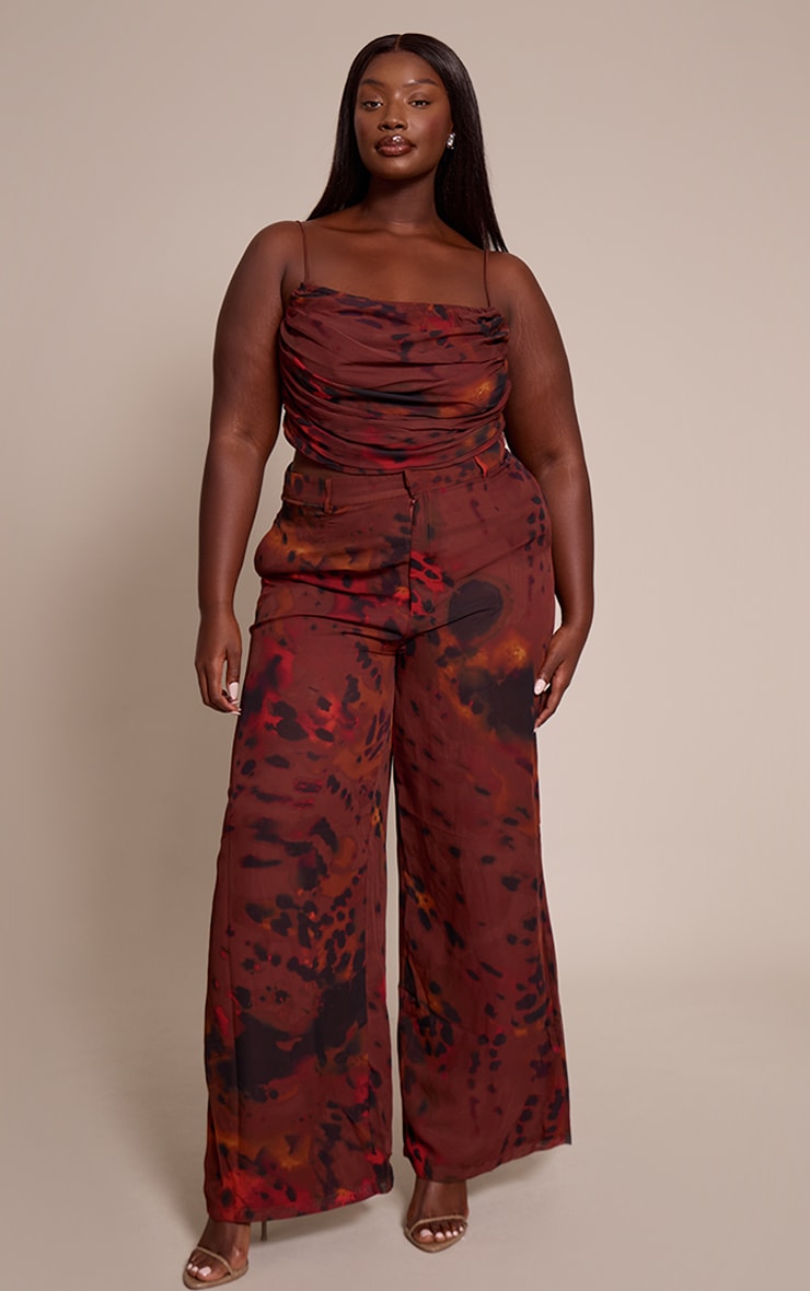 Plus Brown Printed Chiffon Ruched Side Strappy Top image 3