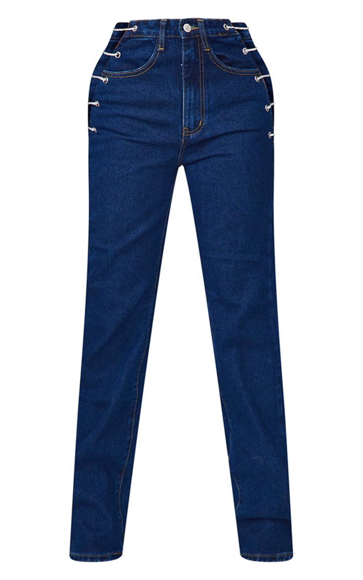 Jean bleu foncé délavé à lacets strassés sur les côtés  image 5