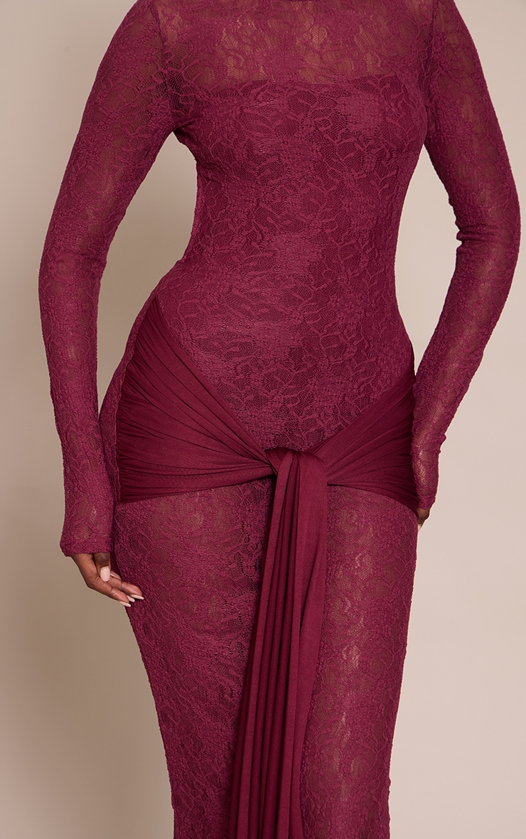 Plum Long Sleeve Lace Wrap Detail Maxi Dress image 4