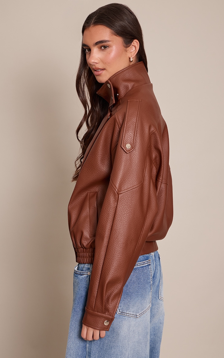 Tan Funnel Neck Faux Leather Biker Jacket image 2
