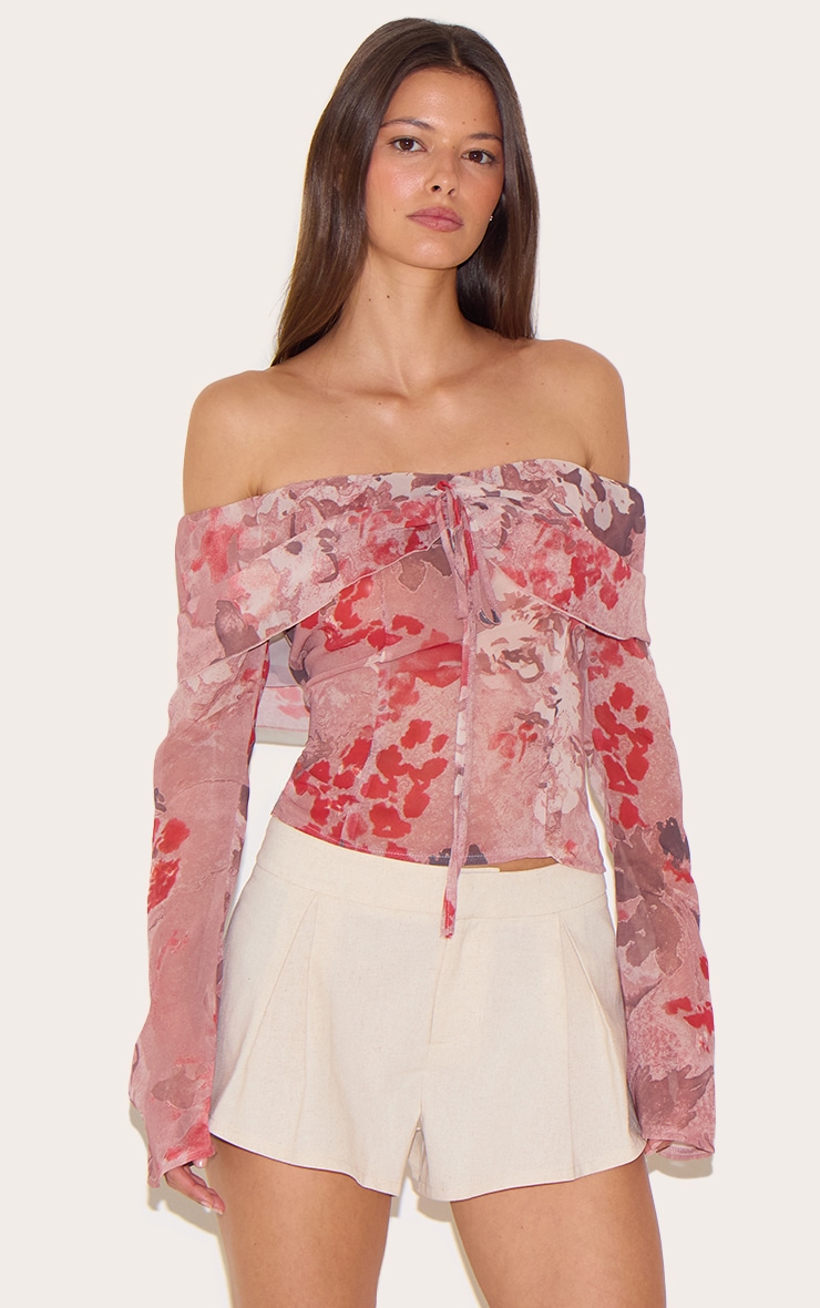 Dusty Pink Printed Bardot Chiffon Blouse image 1