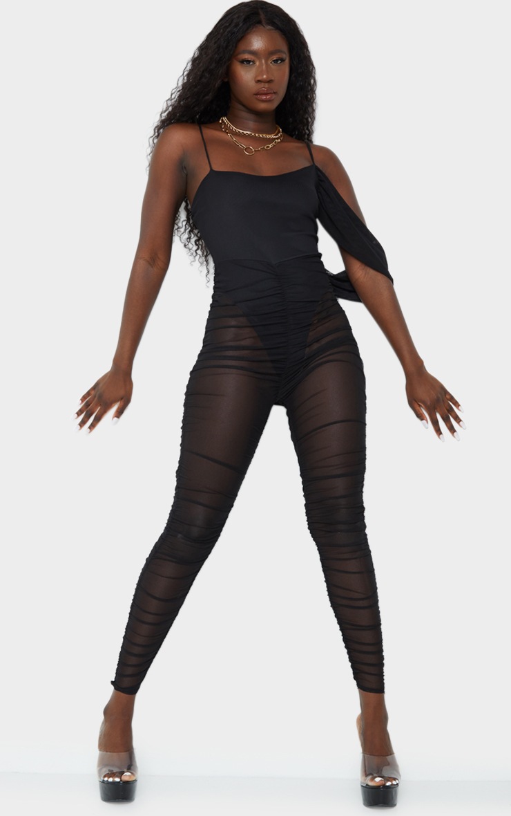 Black Mesh Ruched Drape Strappy Jumpsuit
