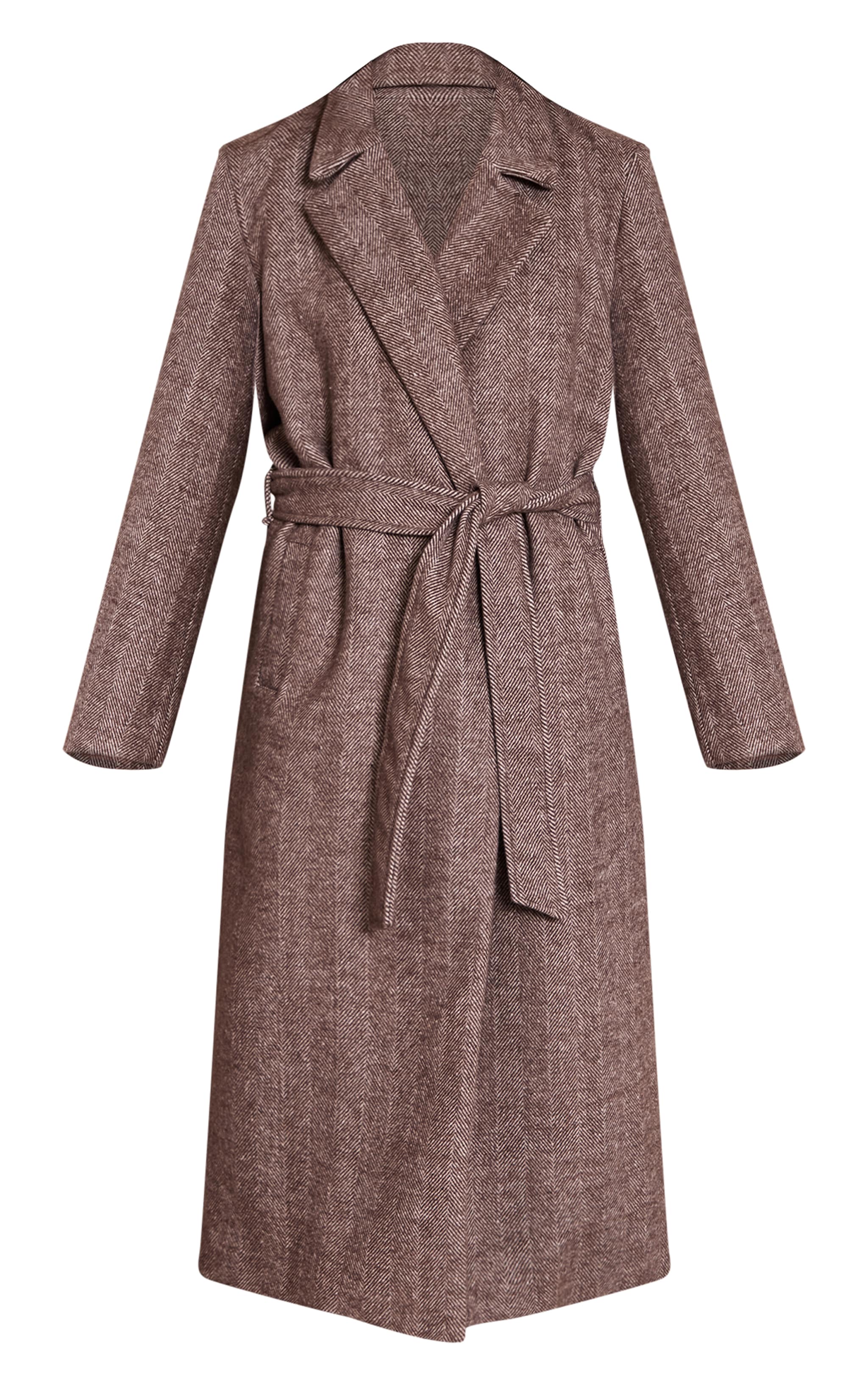 Brown Herringbone Tie Waist Maxi Coat image 5