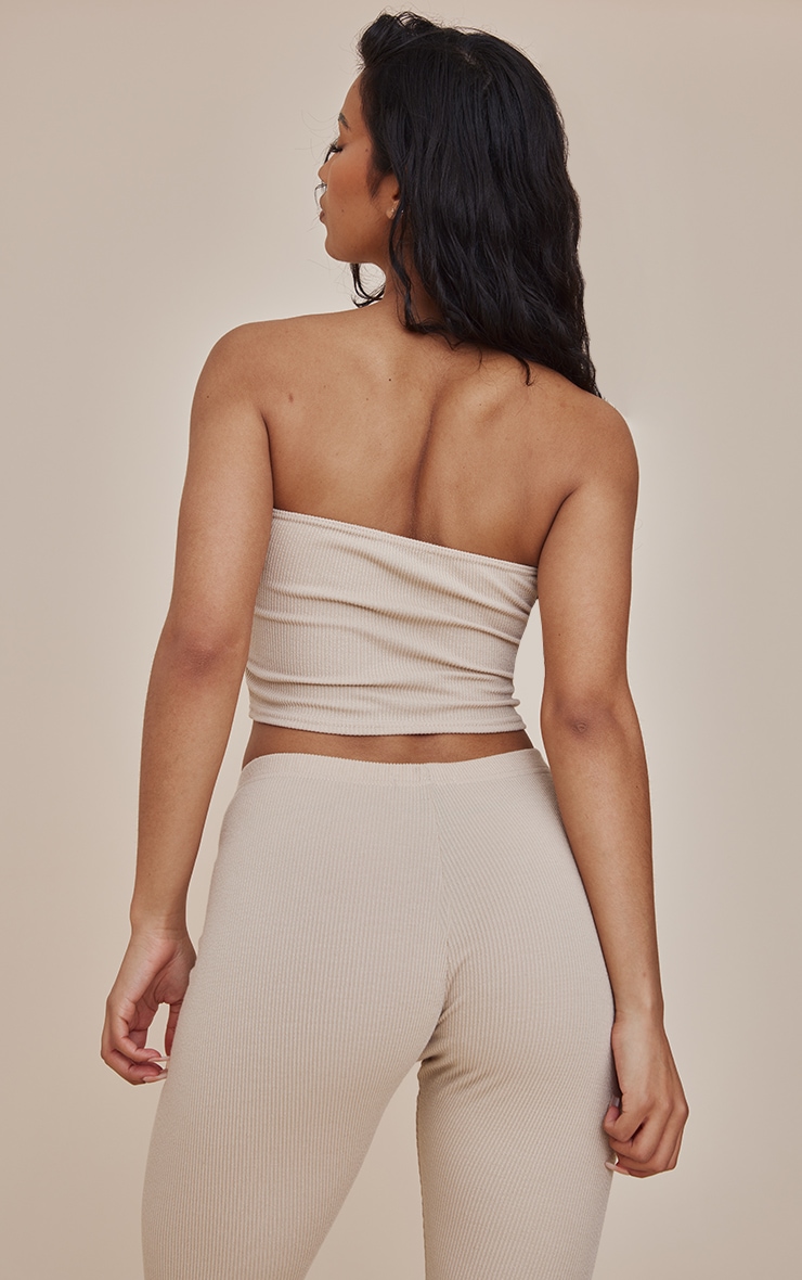 Beige Crinkle Rib Bandeau Crop Top | Co-ords