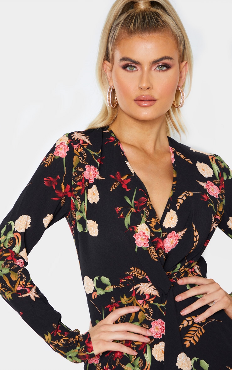 Tall Black Print Satin Long Sleeve Wrap Dress image 3