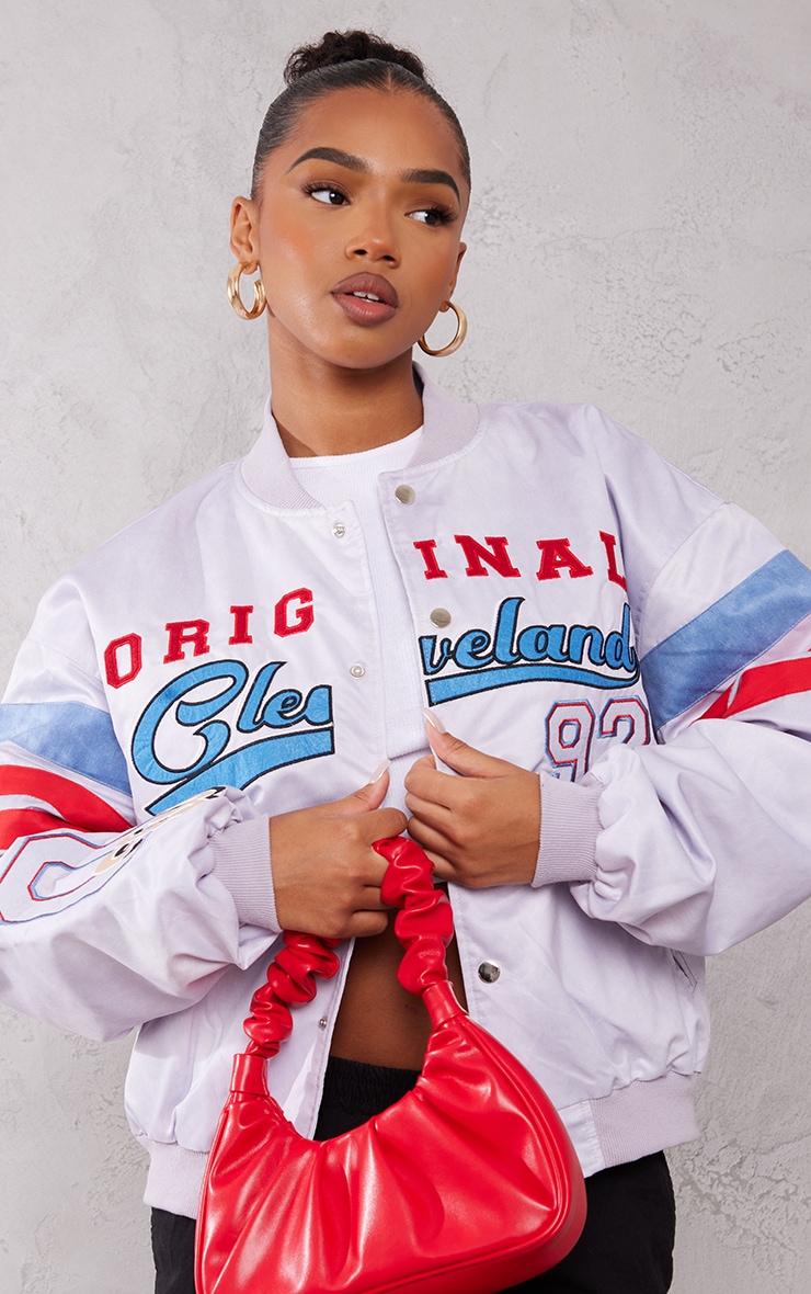 PRETTYLITTLETHING Blue Graphic Front Satin Look Varsity Bomber Jacket image 4