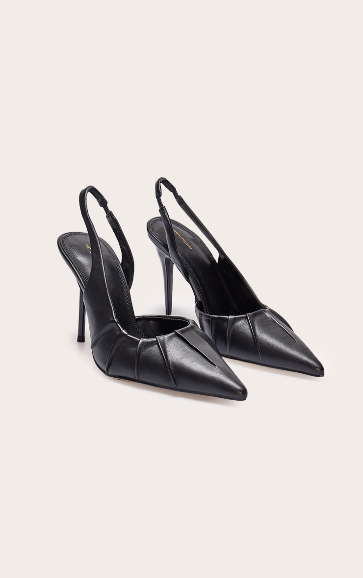 Black Pu Point Toe Ruched Sling Back High Stiletto Heeled Courts image 2