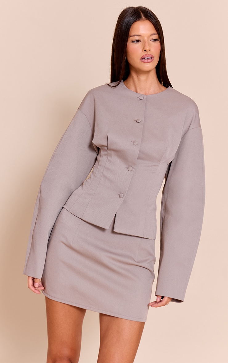 Taupe Tailored Woven Boxy Balloon Sleeve Blazer image 1