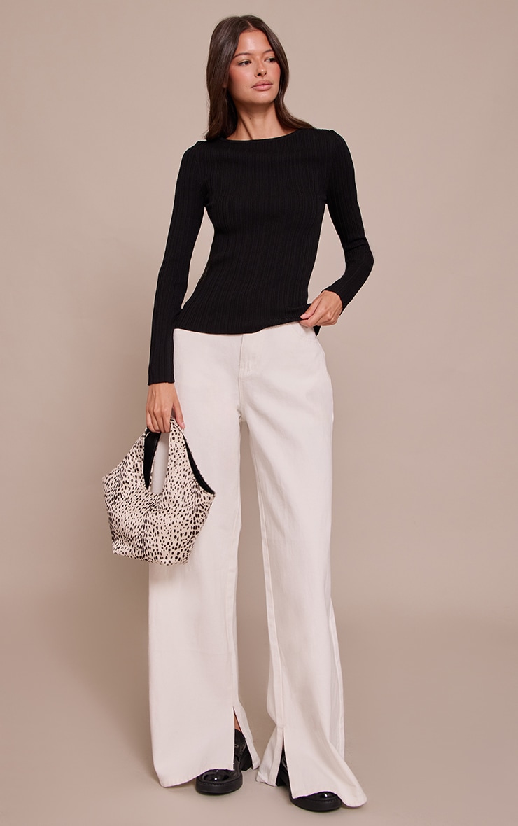 Black Fine Knit Boat Neck Rib Knit Top image 3