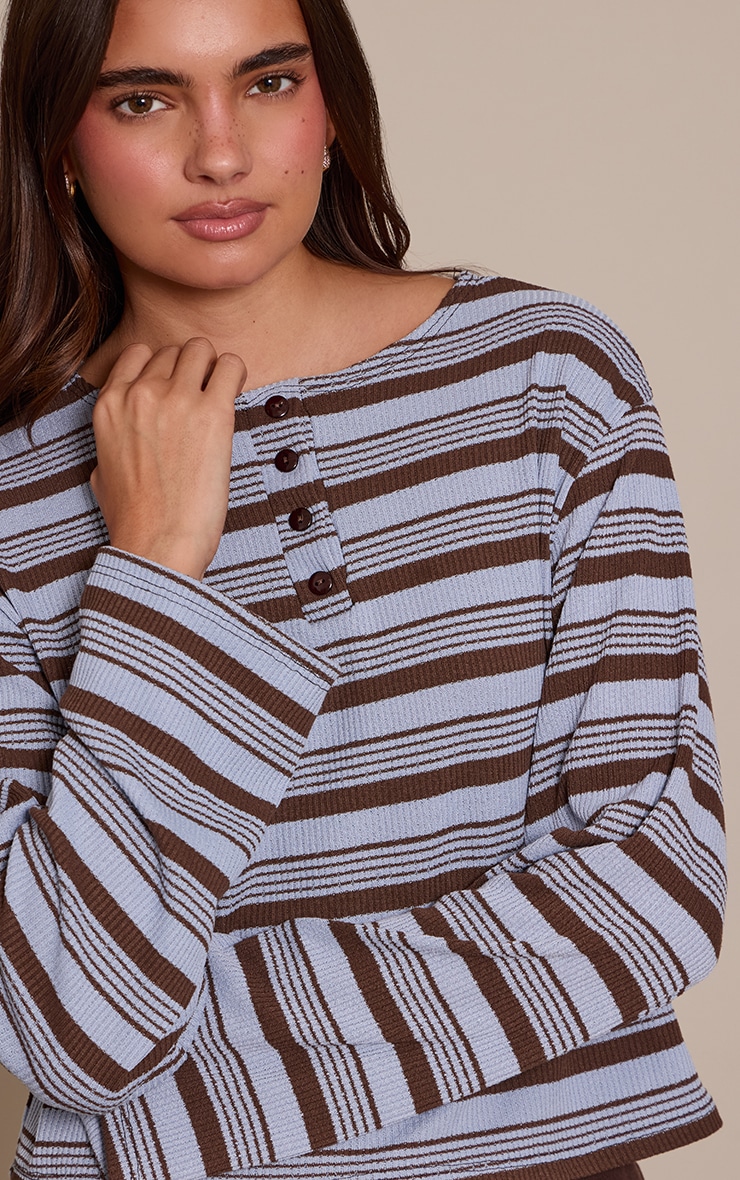 Blue Textured Stripe Oversized Button Detail Long Sleeve Top image 4