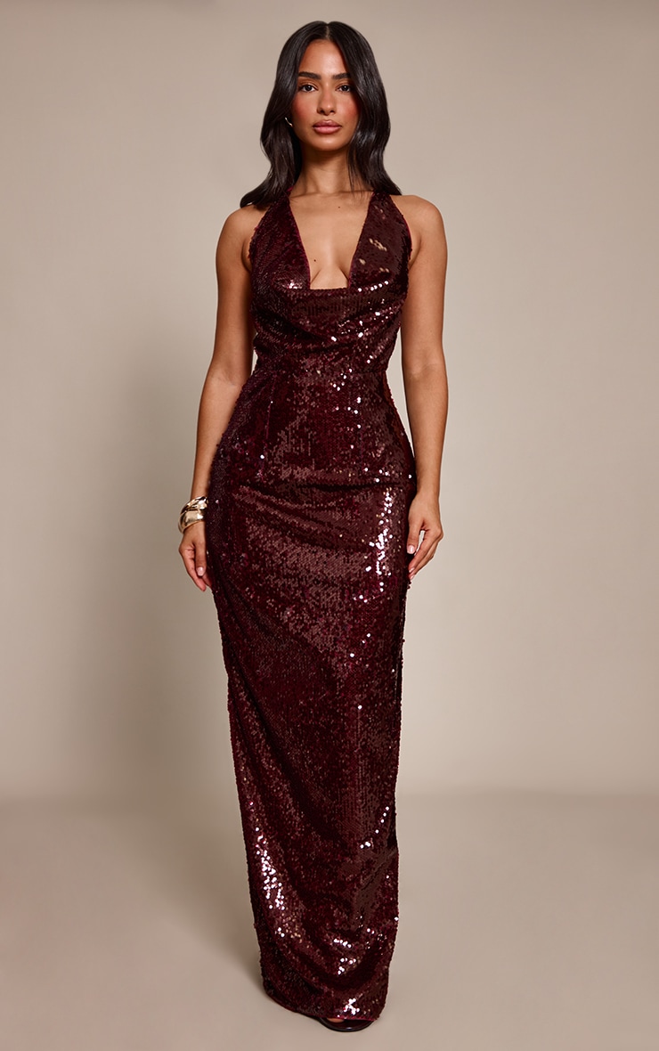 Petite Burgundy Embellished Tie Neck Maxi Dress