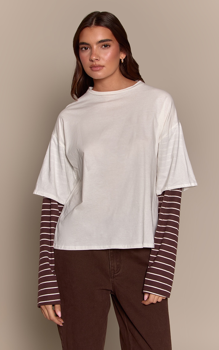 White Contrast Stripe Sleeve Detail Oversized T Shirt  image 1