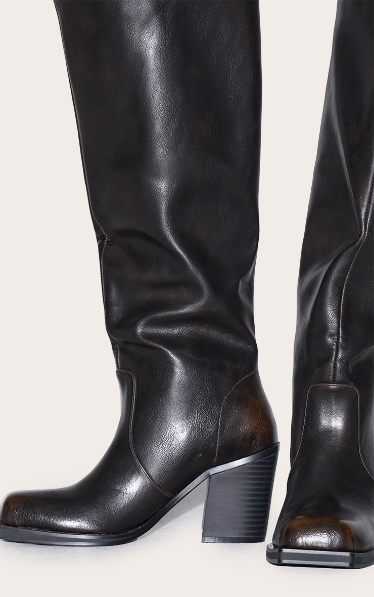 Brown Burnish Pu Square Toe High Block Heel Knee High Boots image 4