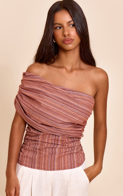 Petite Red Stripe Ruched One Shoulder Top