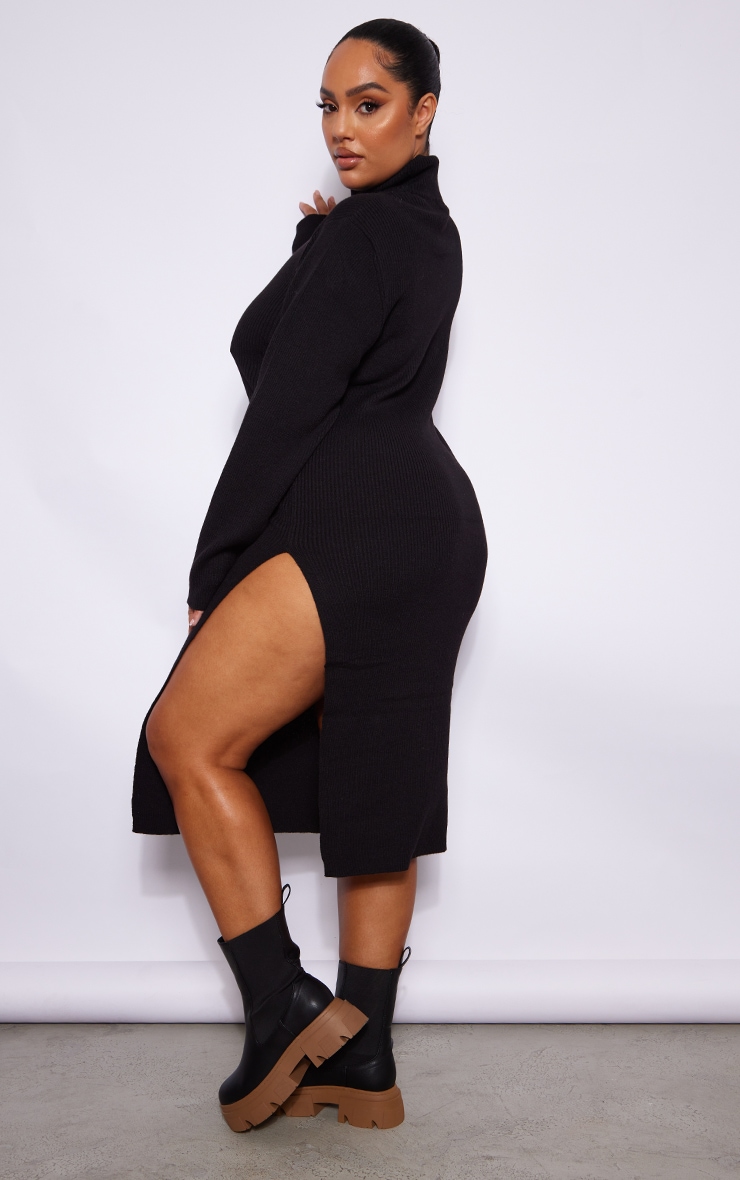 Plus Black Roll Neck Side Split Midi Dress image 2