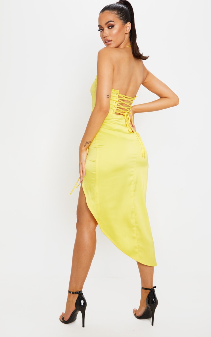 yellow ruched midi dress