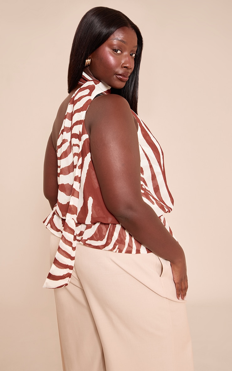 Plus Zebra Sheer One Shoulder Flowy Ruched Long Top image 2