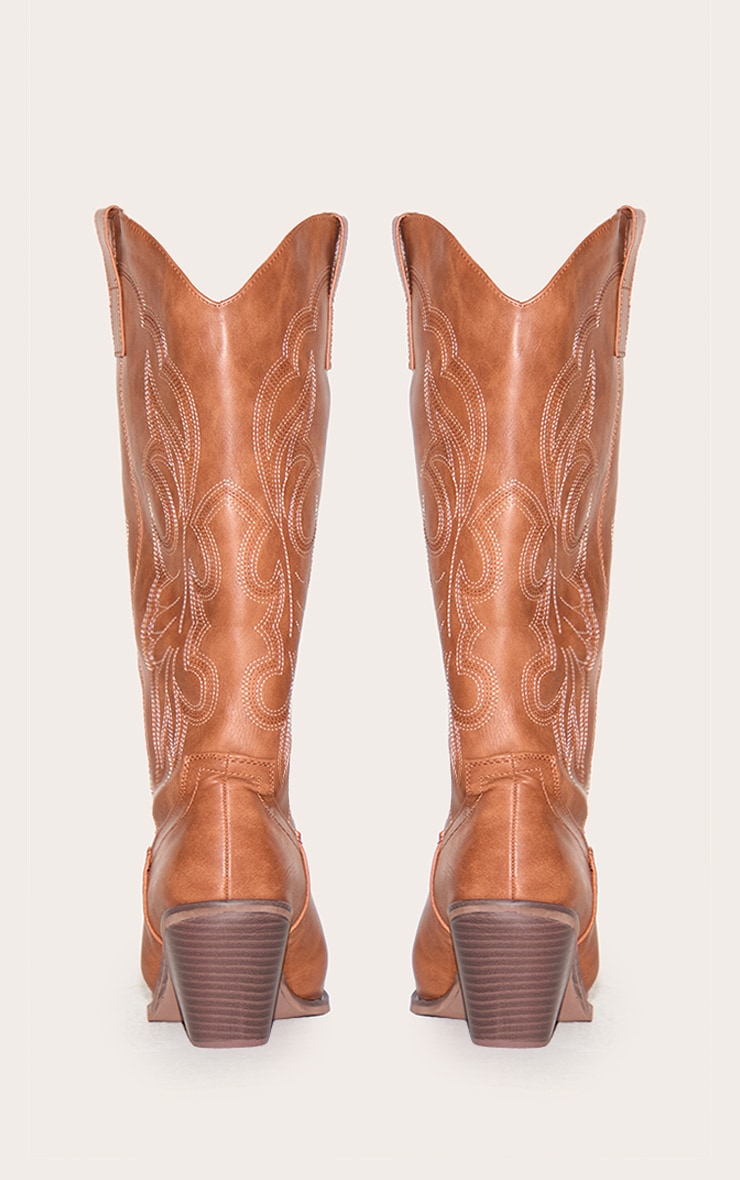 Tan PU Point Toe Calf High Western Boots image 3