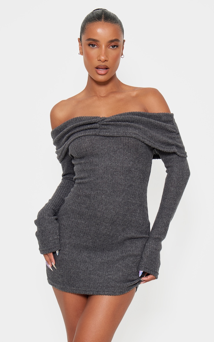 Grey Brushed Rib Bardot Long Sleeve Bodycon Dress