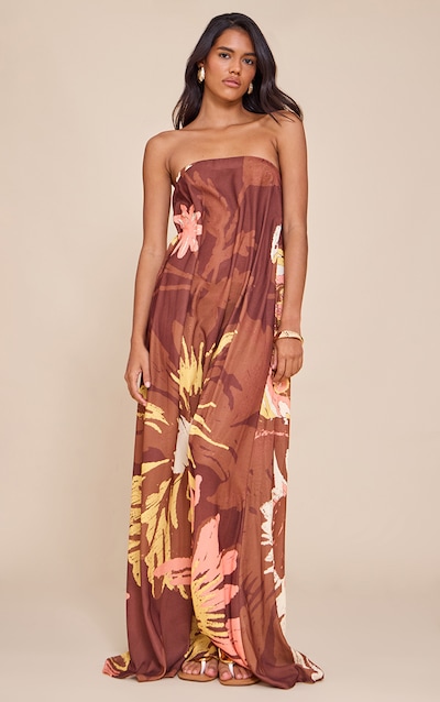 Robe bustier longue droite marron imprimé oversize
