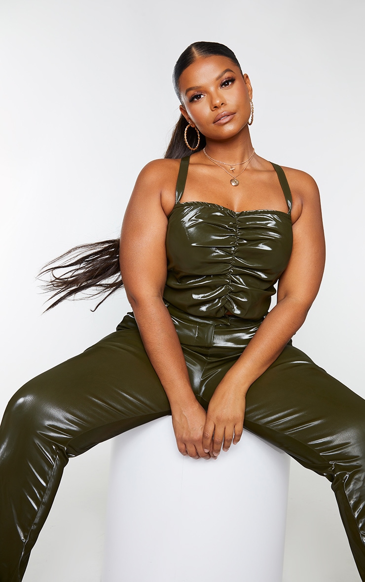Plus Khaki Vinyl Ruched Front Crop Top