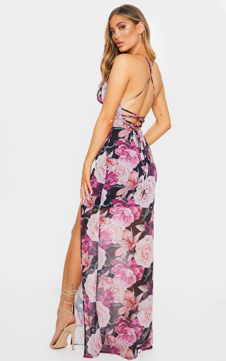 Multi Floral Print Strappy Lace Up Back Maxi Dress PrettyLittleThing QA