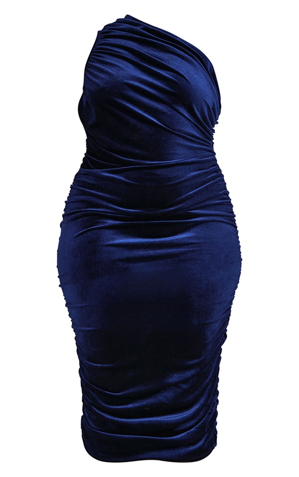 Plus Navy Velvet Ruched One Shoulder Midi Dress PrettyLittleThing USA