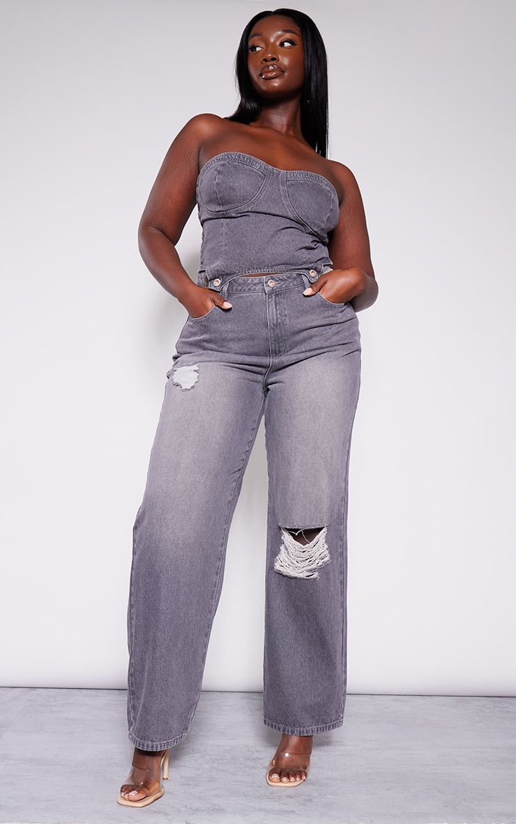 Plus Washed Grey Detachable Bandeau Denim Jumpsuit image 3