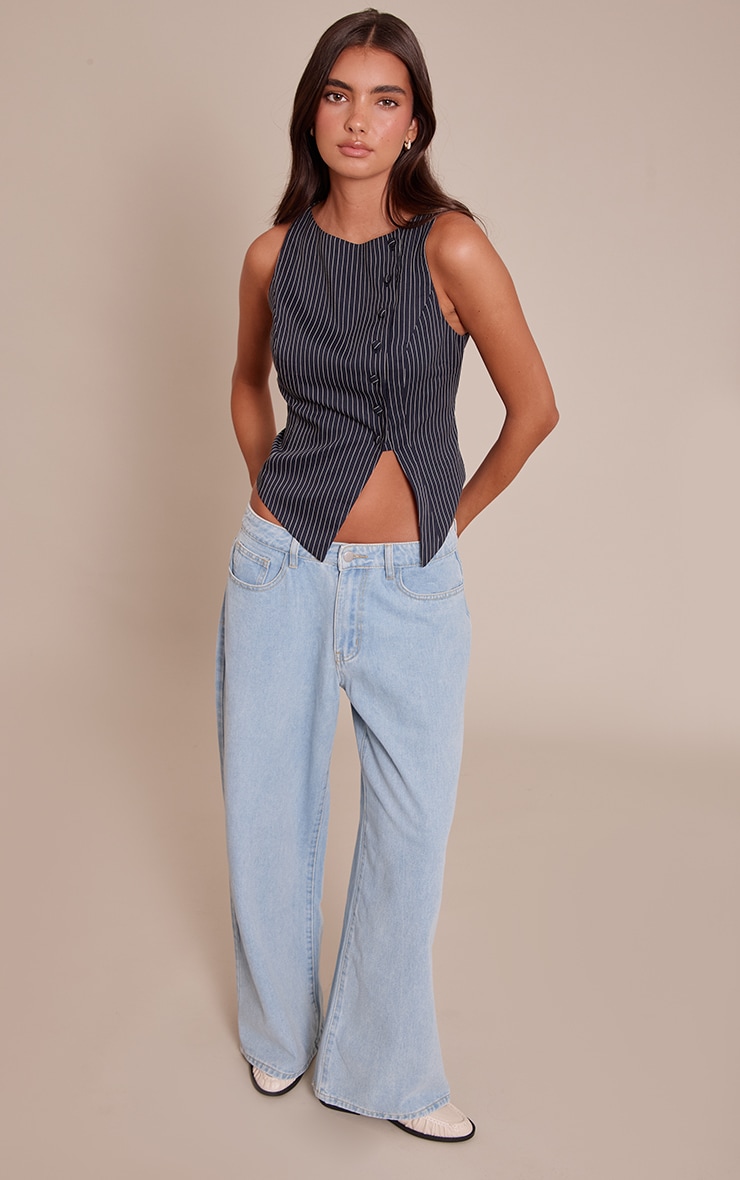 Navy Pinstripe Woven Asymmetric Button Detail Vest image 3