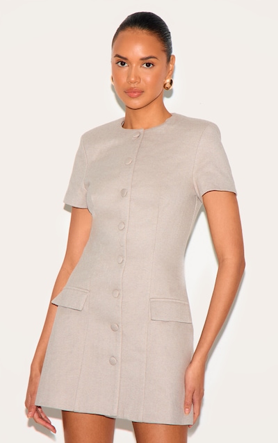 Mushroom Herringbone Tailored Short Sleeve Mini Dress