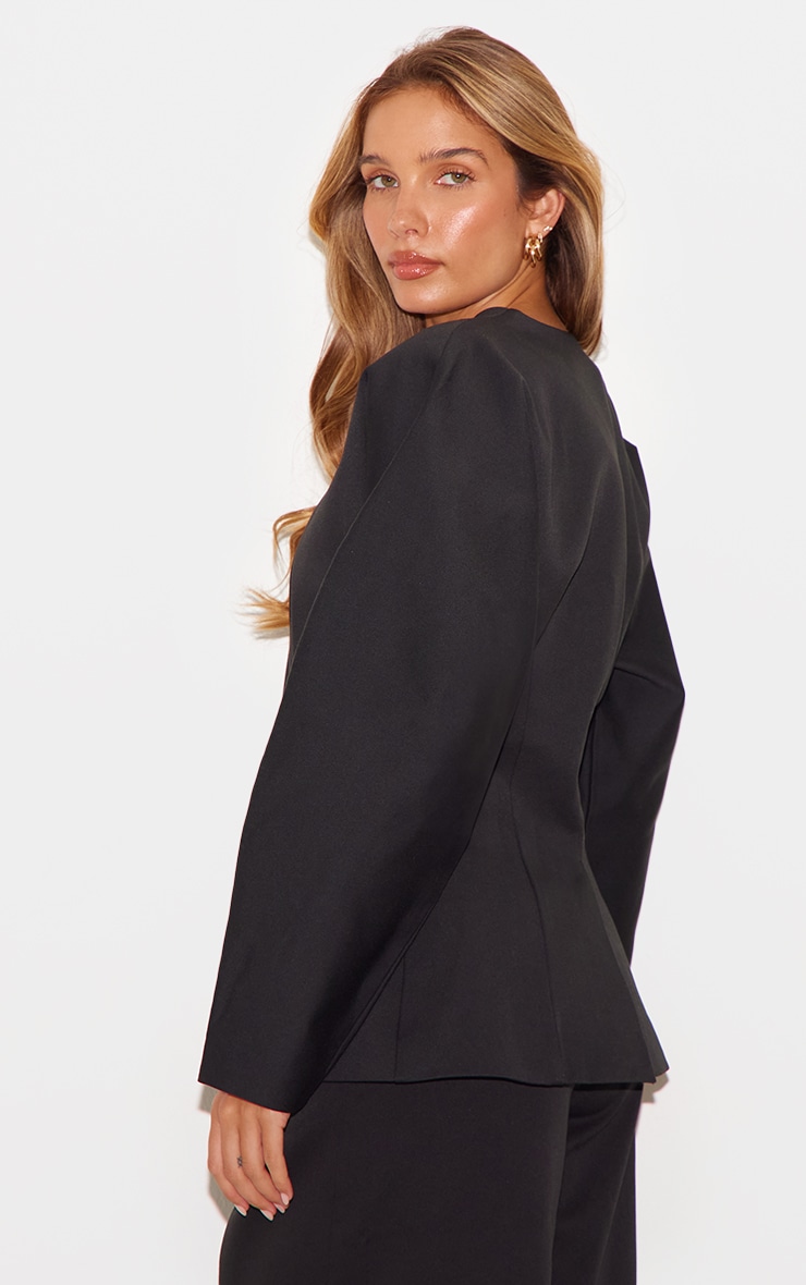 Black Premium Woven Tailored Collarless Detail Blazer image 2