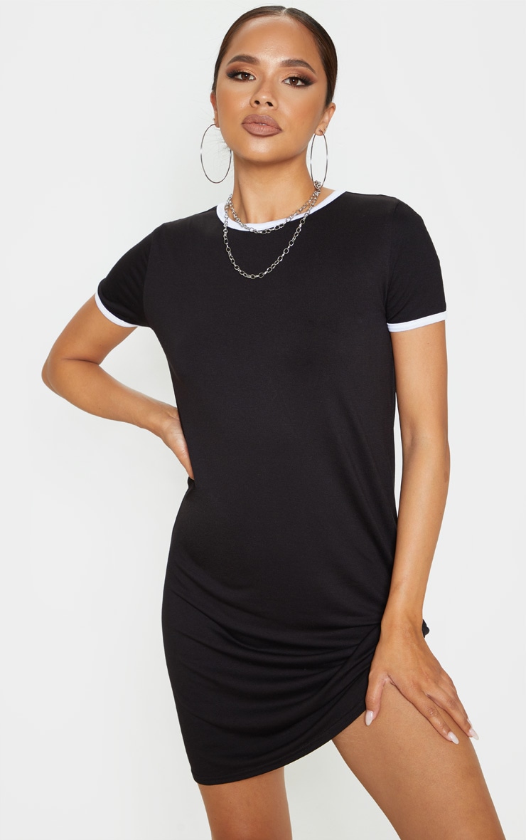 Black Contrast Trim Jersey T Shirt Dress PrettyLittleThing