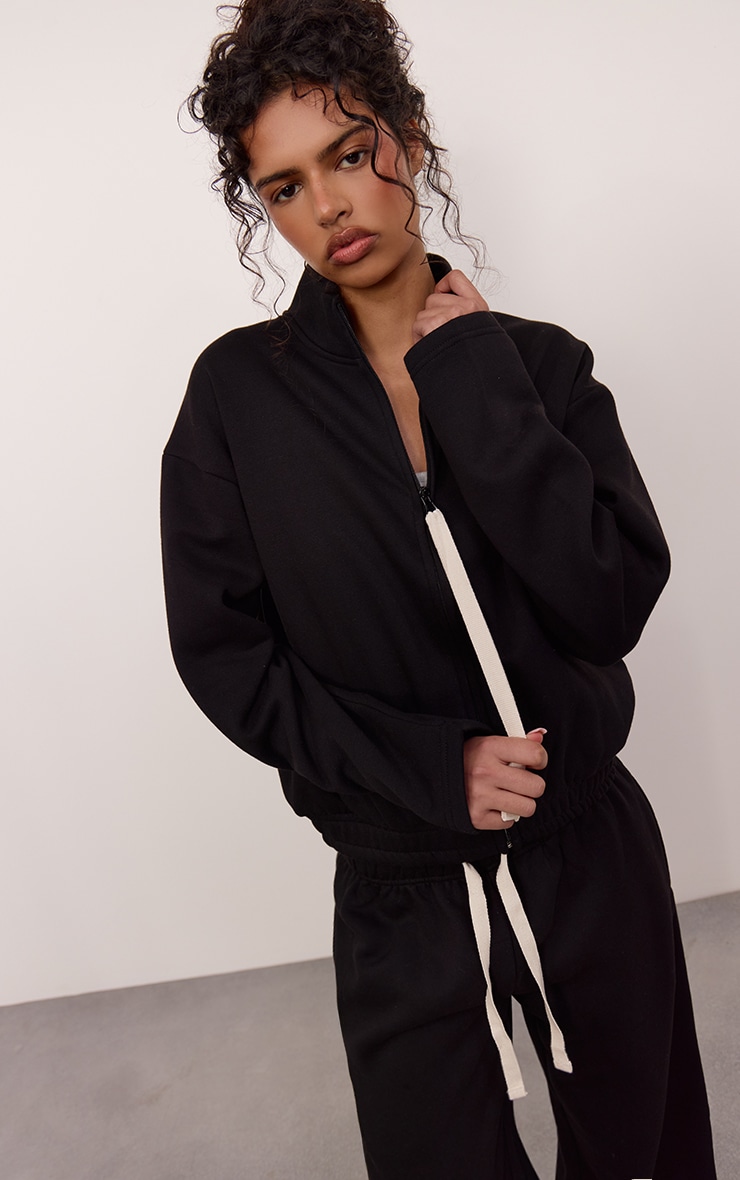 Black Contrast Drawcord Funnel Neck Sweatshirt