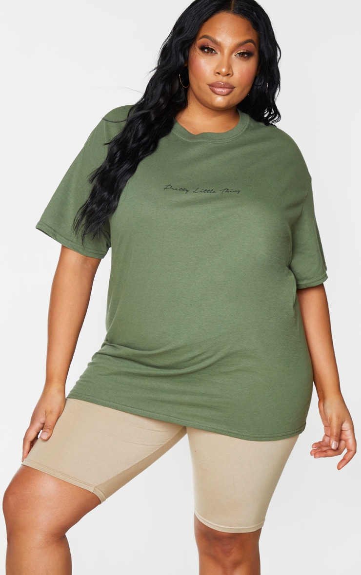 PRETTYLITTLETHING Plus Khaki Slogan Oversized T Shirt