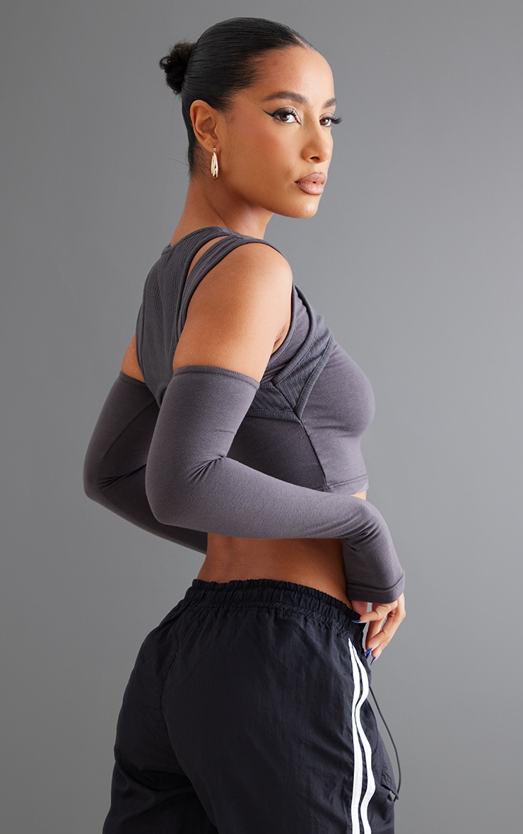 Charcoal Rib Mix Overlay Cold Shoulder Crop Top image 2