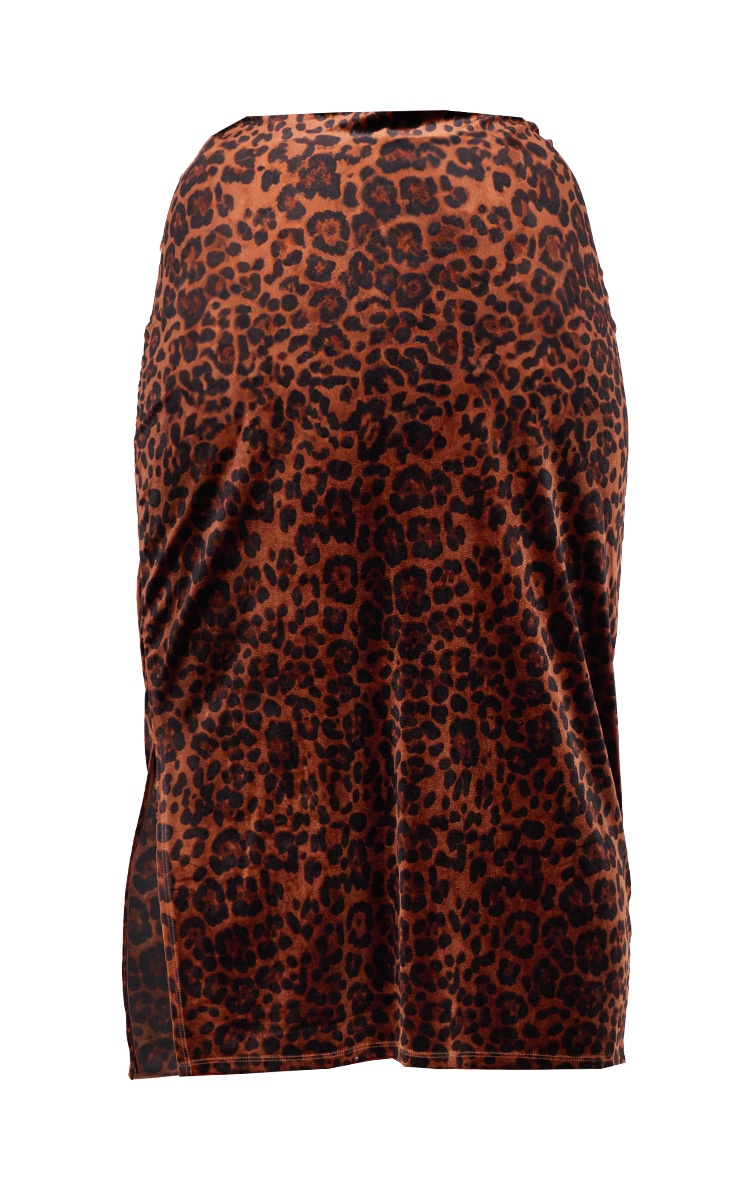 Plus Brown Velvet Animal Print Midi Skirt image 5