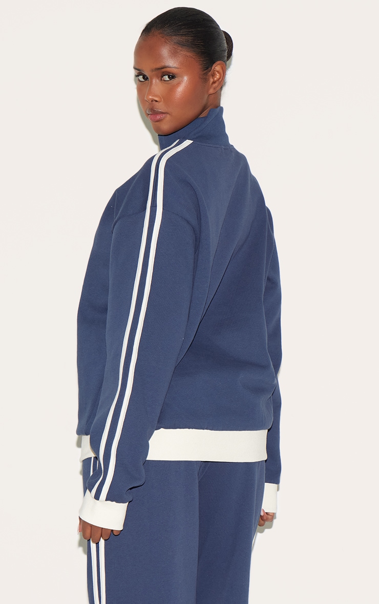 Navy Premium Side Stripe Contrast Zip Through Sweatshirt image 2
