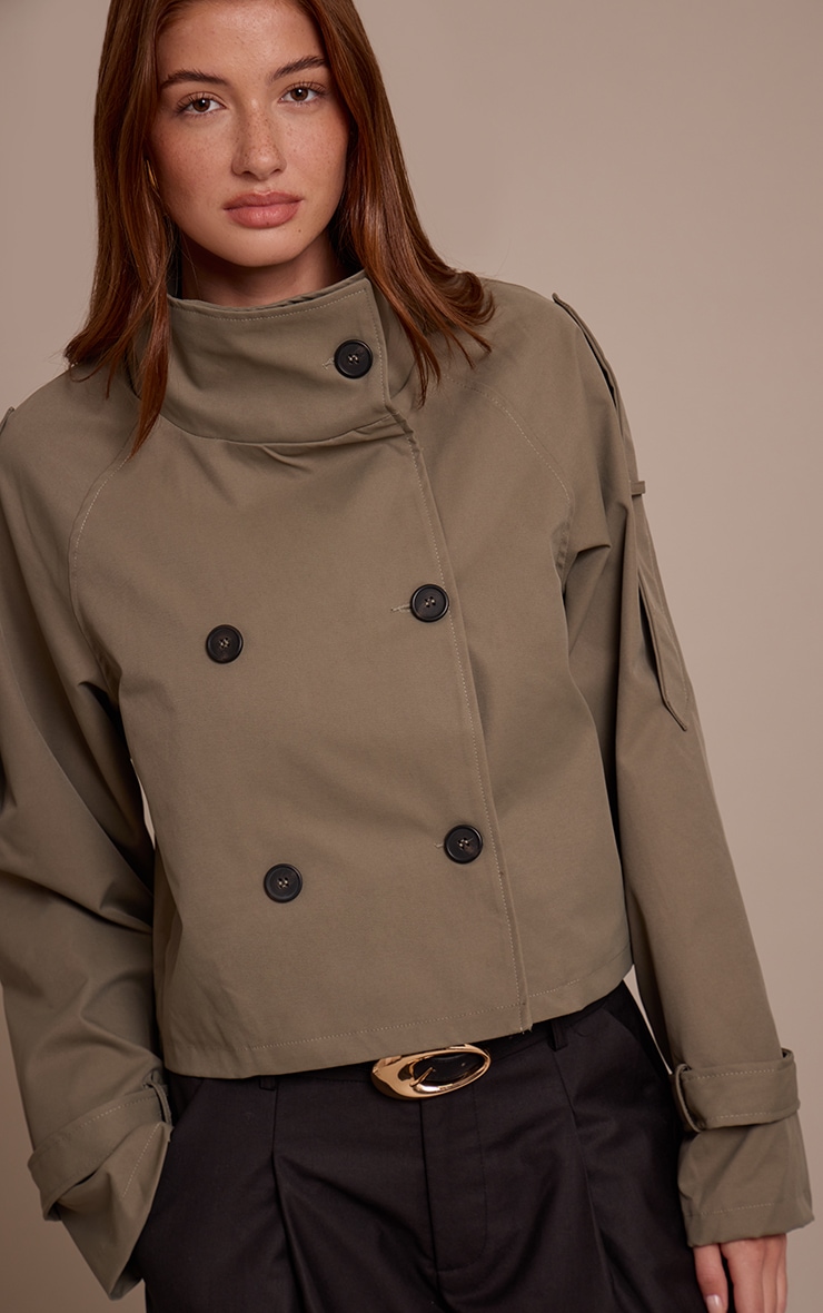 Olive Double Breasted Funnel Neck Cropped Trench Coat image 1