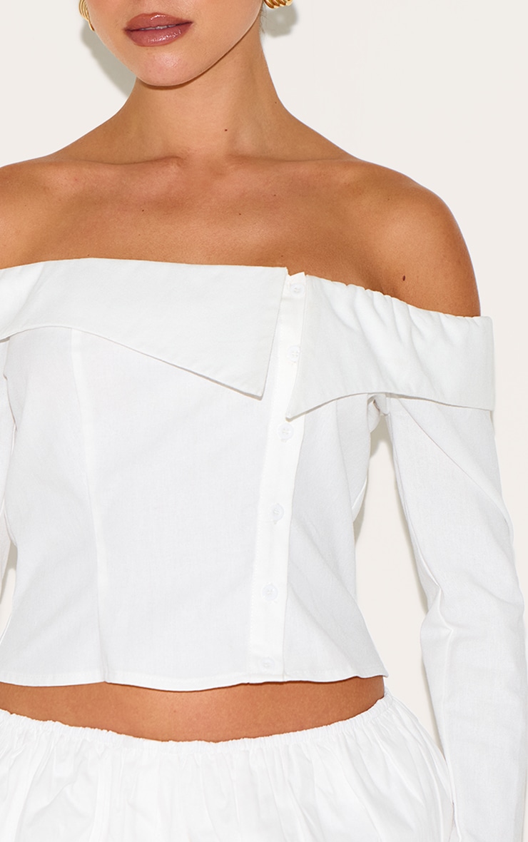 White Linen Blend Bardot Button Up Shirt image 4