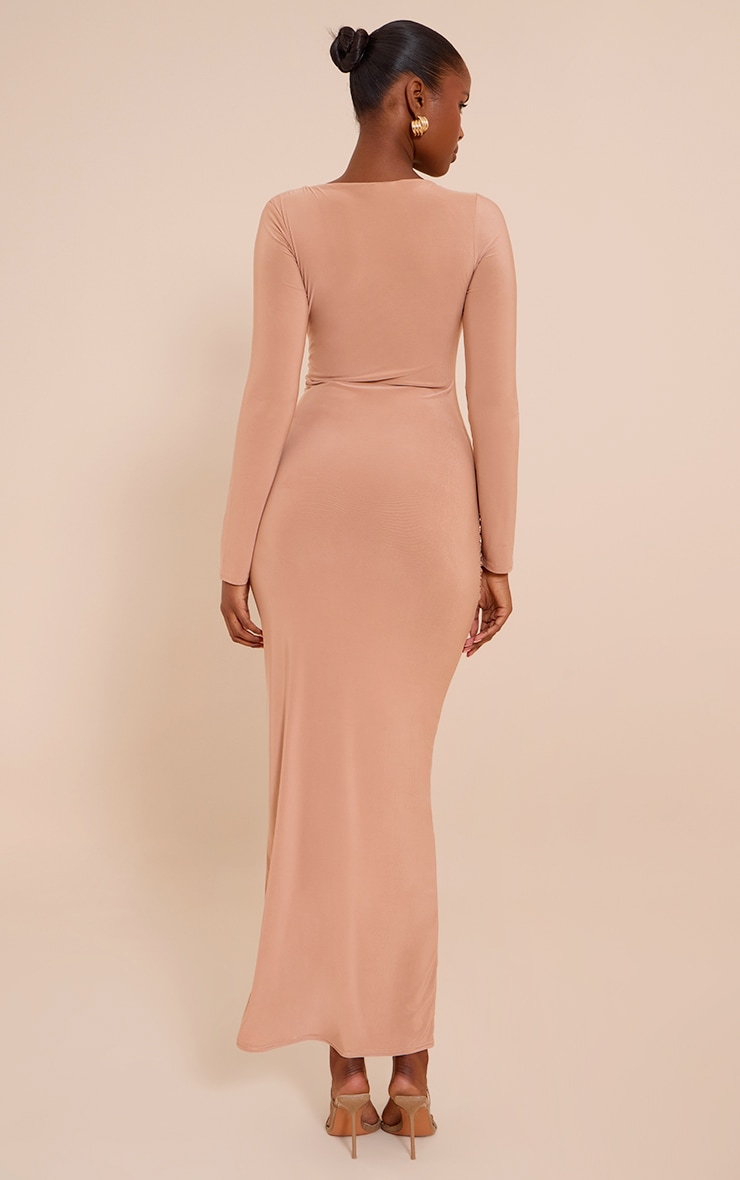 Beige Double Layer Slinky Cut Out Trim Detail Maxi Dress image 2