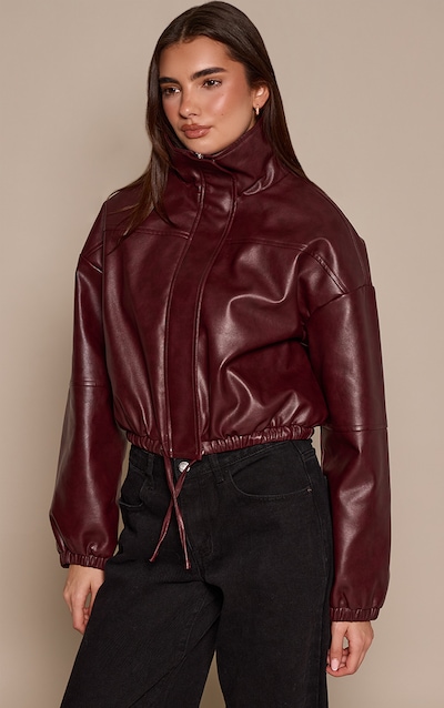 Burgundy PU Bubble Hem Funnel Neck Jacket