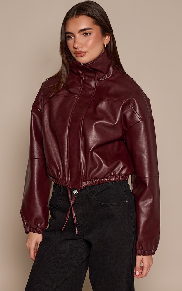 Burgundy PU Bubble Hem Funnel Neck Jacket