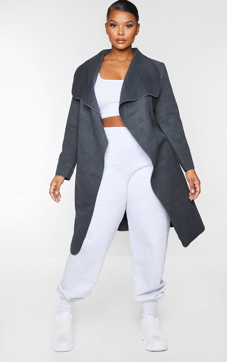 Plus Veronica Charcoal Oversized Waterfall Belted Coat