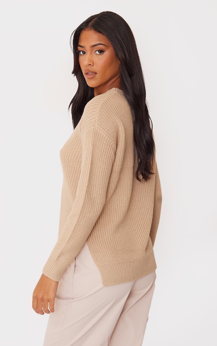 Tall Oatmeal Round Neck Side Split Knit Jumper image 2