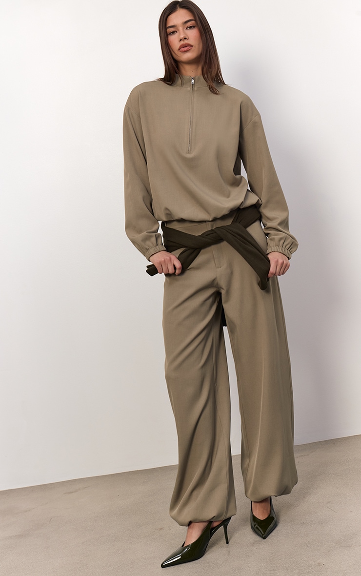 Light Khaki Woven Toggle Detail Straight Leg Trousers image 2