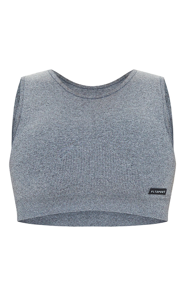 PRETTYLITTLETHING Crop top de sport gris chiné à col montant et ourlet côtelé sans coutures image 5