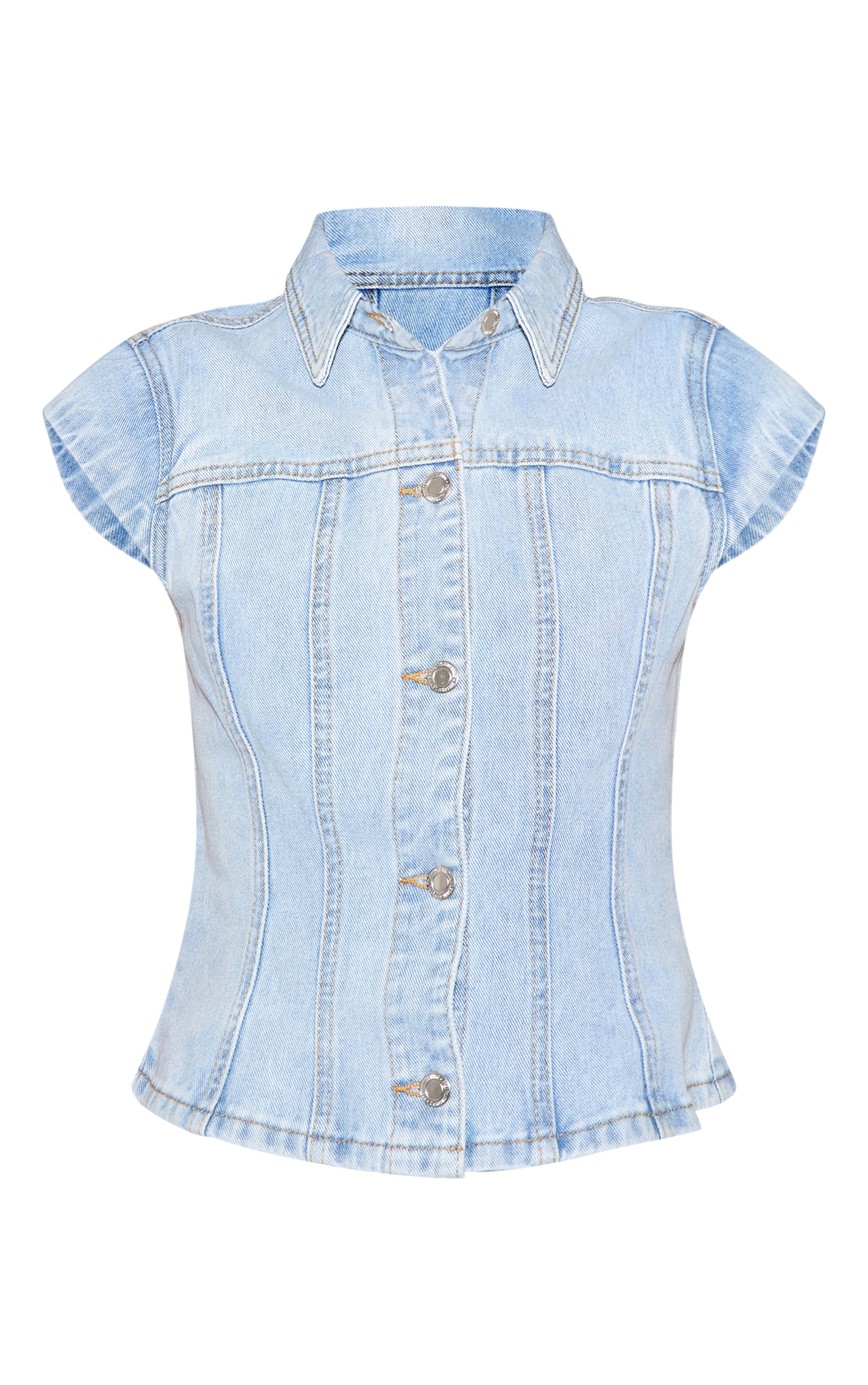 Light Blue Cap Sleeve Cinch Denim Shirt image 5