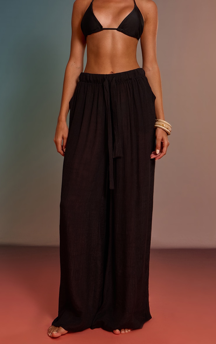Black Palazzo Linen Look Beach Pants image 2