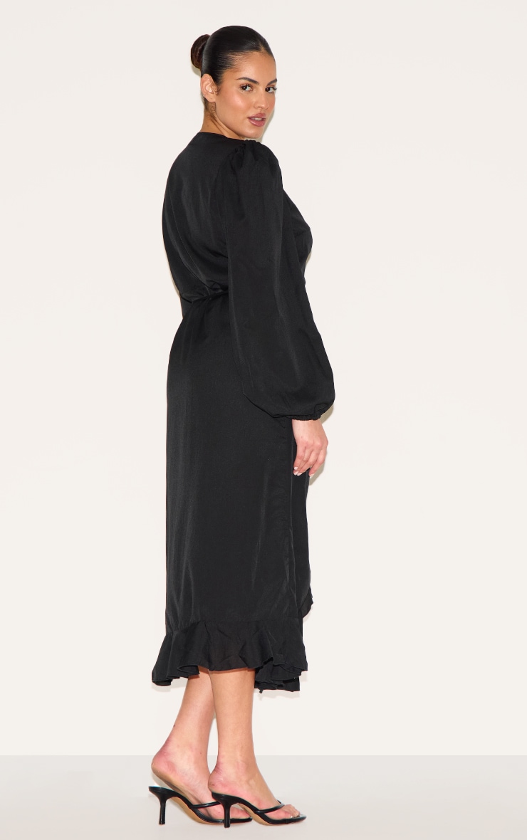 Plus Black Ruffle Wrap Front Midi Dress image 2