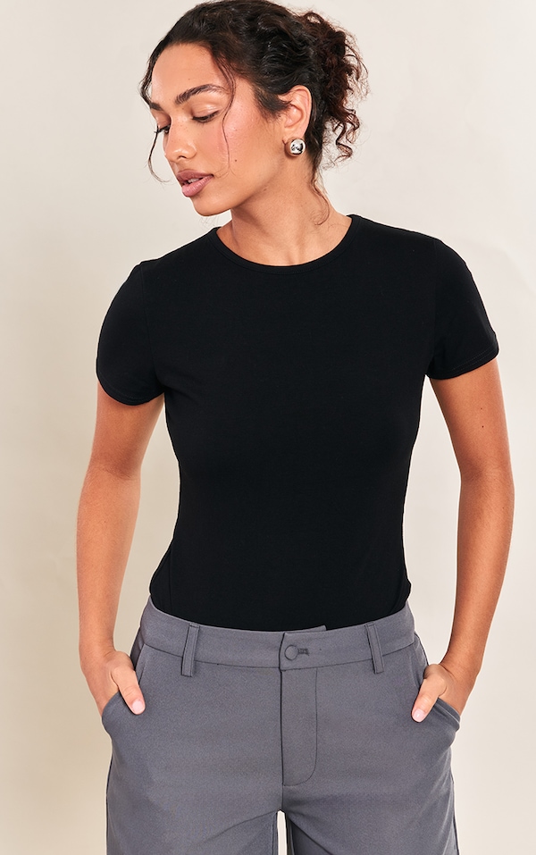 Black Cotton Crew Neck Short Sleeve Bodysuit